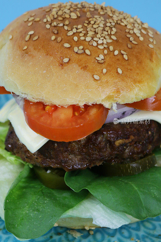 健康自制芝士汉堡/汉堡/牛肉汉堡汉堡面包的特写图像与芝麻籽，融化的奶酪，番茄，红洋葱片和莴苣图案绿松石盘，绿松石背景